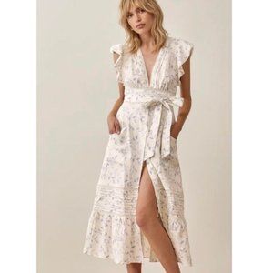 NEW Reformation Lili Ruffle Linen Midi Dress in Ivory/Blue - size 12 #770